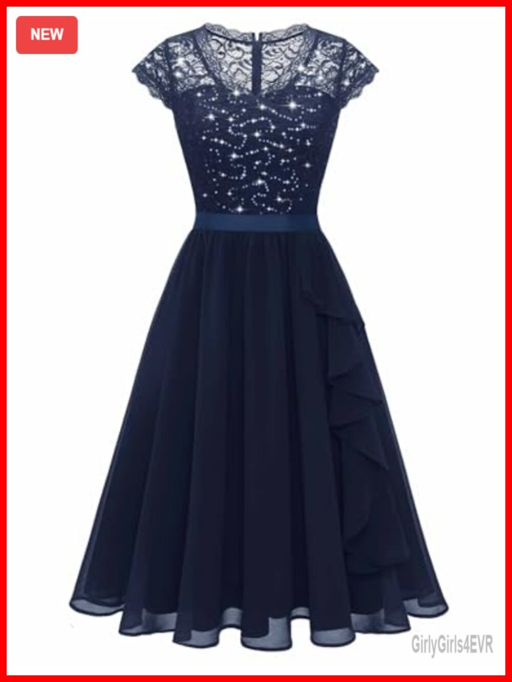 Sequin Ruffle Short Swing Cocktail Formal Dress Cap Sleeve V-Neck
